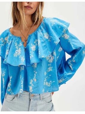 Free People Blue Floral Ruffled Peasant Top